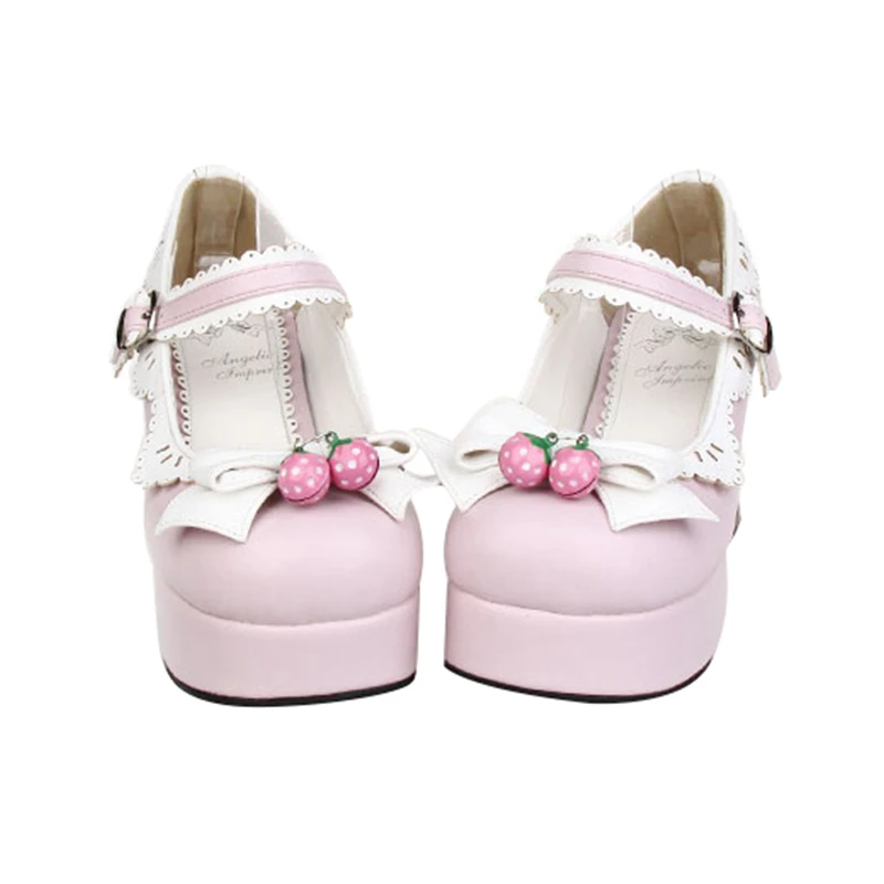 Туфли лодочки демисезонные на толстой платформе с клубничным бантом|mary jane pumps|mary