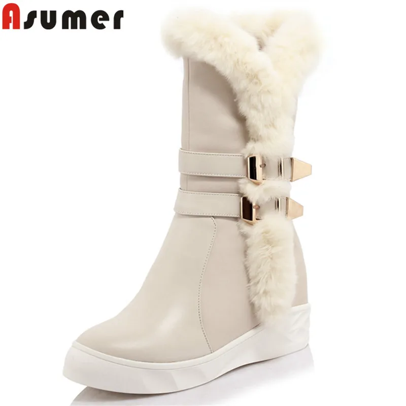 

ASUMER 2018 fashion mid calf boots round toe zip genuine leather botos round toe flat with winter keep warm snow boots wome