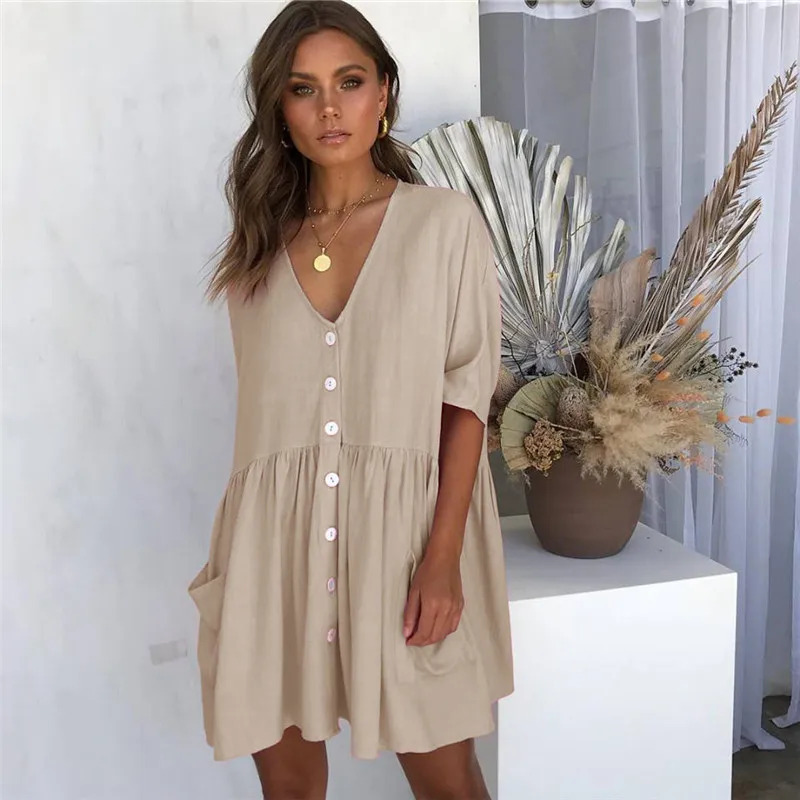 Online Susi e Rita casual Allentato Vestiti di Estate Delle Donne Button Manica Corta Mini Vestito 2019 Sexy Vestito Dalla Spiaggia Delle Signore Abiti Strandjurk
