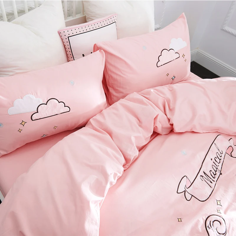 Розовый мультяшный Комплект постельного белья с единорогом, Комплект постельного белья с аппликацией, хлопковый пододеяльник, набор постельного белья, простынь, наволочки