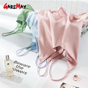 Spaghetti Strap Top Women Halter V Neck Basic  White Cami Sleeveless Satin Silk Tank Tops Women'S Summer Camisole Plus Size