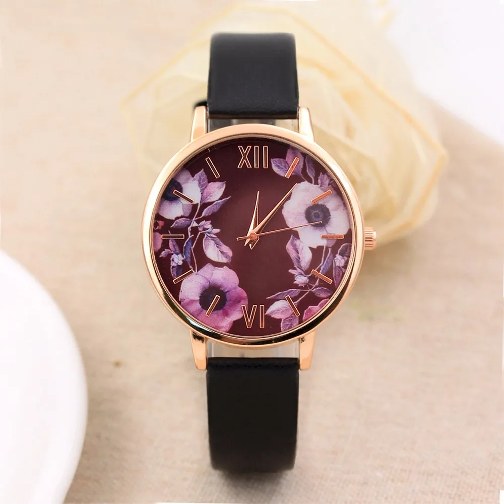 

Famous Watch Fashion Leather Strap Band Round Flower Women Watches Quartz Wristwatches Ladies Female Dress Clocks Reloj Mujer #W