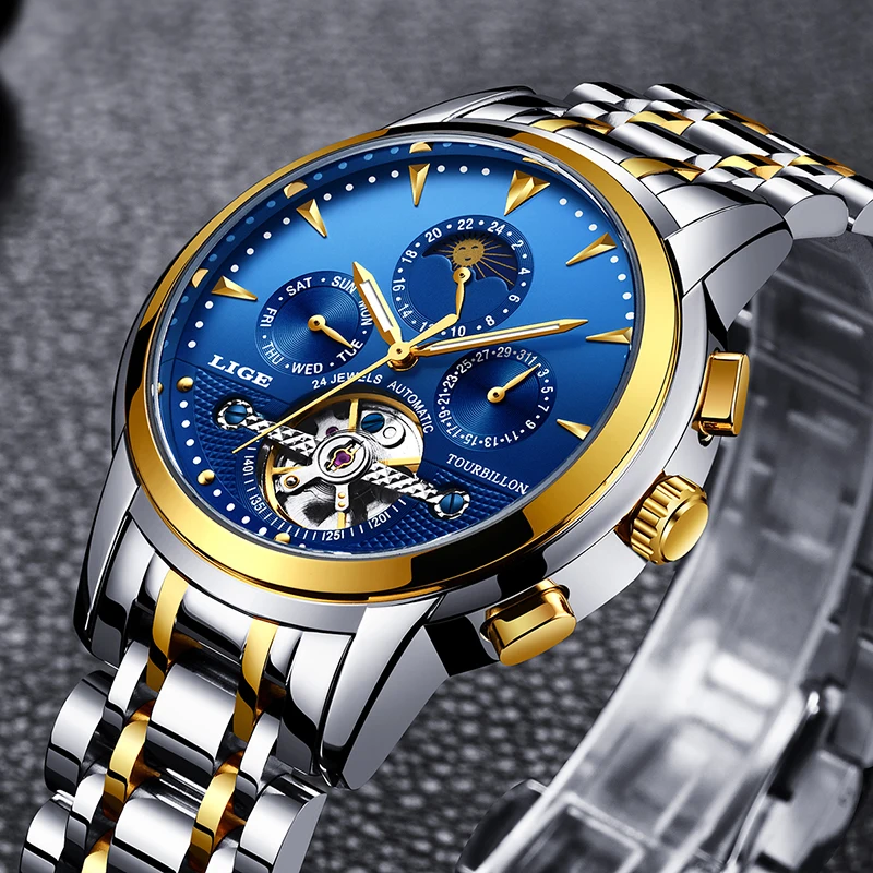 

Relogio Masculino LIGE Mens Watches Automatic Mechanical Top Brand Luxury Watch Men Full Steel Business Waterproof Sport Watch