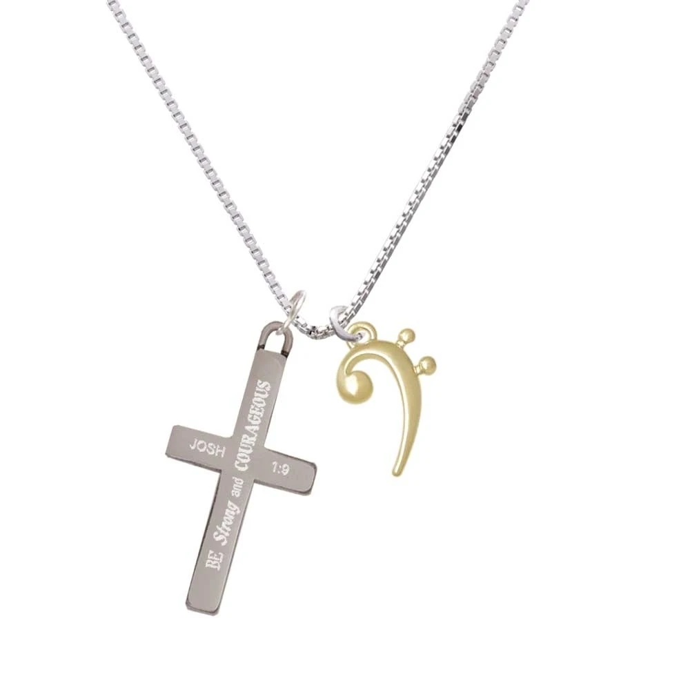 Bass Gold Tone Clef - Strong and Courageous - Cross Necklace