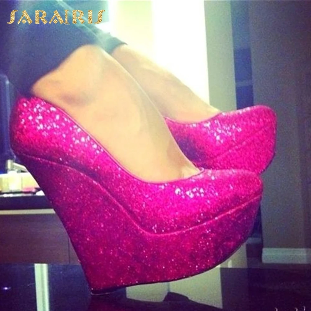 

Sarairis Brand Big Size 47 Sexy Platform Sequined Bling Women Wedges Shoes Pumps Women Sexy Party High Heels Shoes Woman Heeled