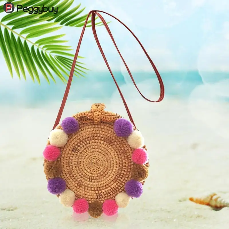 

2018 Round Straw Bags Women Summer Rattan Bag girls Colorful Fluffy Balls Handmade Woven Beach CrossBody Bag Circle Bohemia
