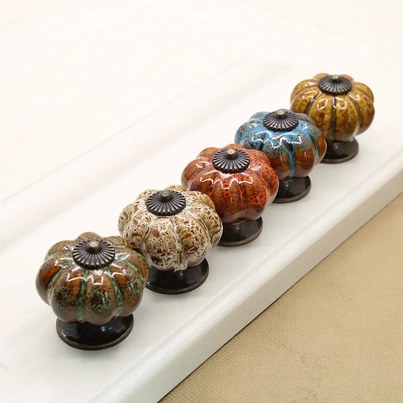 

6Pcs Ceramic Glazed Pumpkin Knobs Vintage Cabinet Door Pull Furniture Kitchen Drawer Handle HVR88