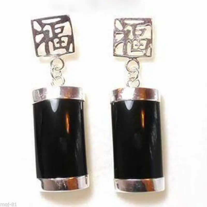 

Free shipping@@@@@ NEW PAIR NATURAL BLACK Natural stone 925 STERLING SILVER FORTUNE LUCKY EARRINGS