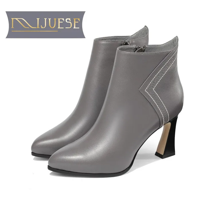 

MLJUESE 2019 women ankle boots cow leather Genuine leather gray color zippers winter boots hoof heels high heels women boots
