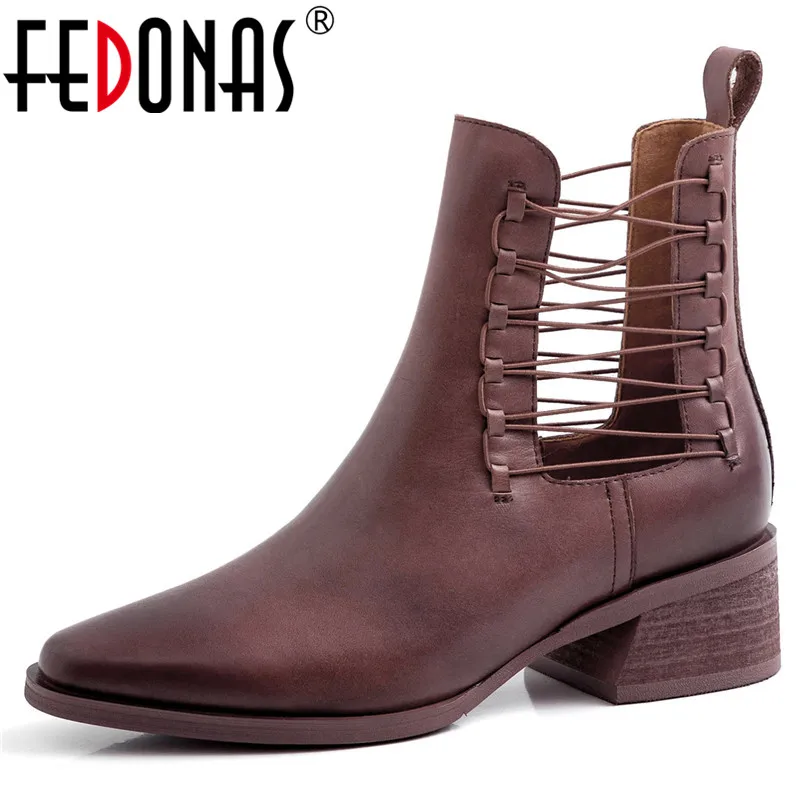 

FEDONAS Classic Pointed Toe Square Heels Women Ankle Boots Autumn Genuine Leather Chelsea Boots Office Shoes Woman Warm Boots