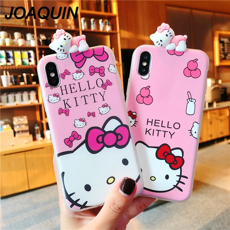 

Cute 3D Pink Hello Kitty Cat Case for iPhone 6s 7 8Plus Phone Back Cover For iPhone X Xs Max XR Soft TPU Doll Capa Fundas Cases