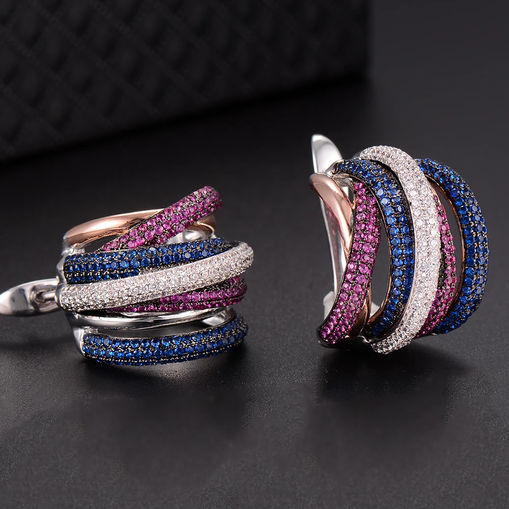 GODKI 25 мм Роскошные Твист Плетеный Многоцветный полный Мирко розовый кубический цирконий установка Европейский Свадебный застежка серьги Модные ювелирные изделия