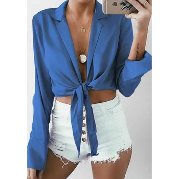 

2019 Women Sexy Blouse Backless Tie Knot Crop new V-neck Long Sleeve Party Shirts Ladies Hollow Out Slim news