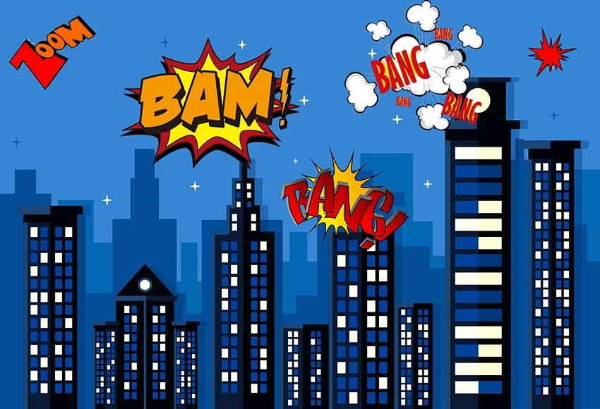 

5x7ft Vinyl Photography backdrops Superhero Cartoon Night City Comics Boom Children Fotografia Backgrounds for Photo Studio