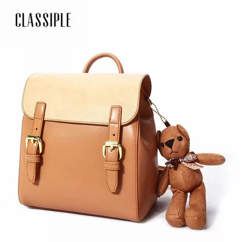 

Backpacks Ladies Shoulder School Bag Women PU Leather Preppy Style Bear Hanging Brown School Bag Females Casual Backpacks Lady