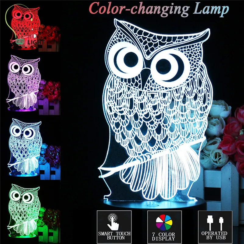  Owl Xmas Gift Home decoration LED Desk Table Lamp 7 Color 3D Night light Touch control Child gift h
