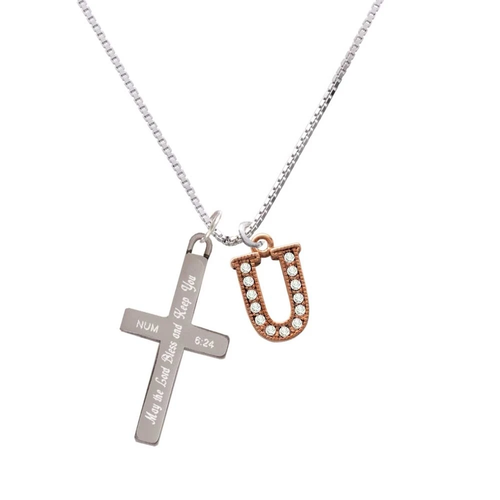 Crystal Rose Gold Tone Initial - U - - Bless and Keep You - Cross Necklace