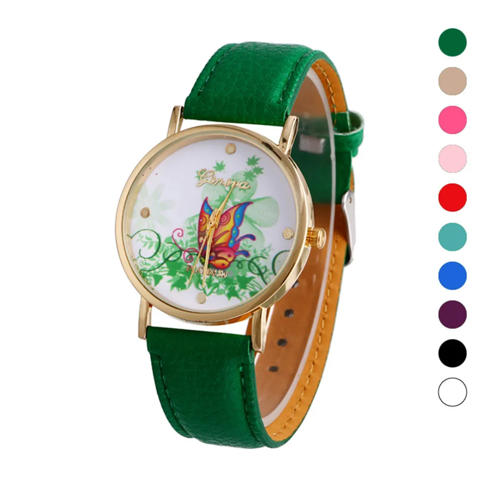 

Mance Fashion Casual Colorful Butterfly Print Design Fashion Women Lady Leather Band Analog Quartz Vogue Wrist Watches relogio