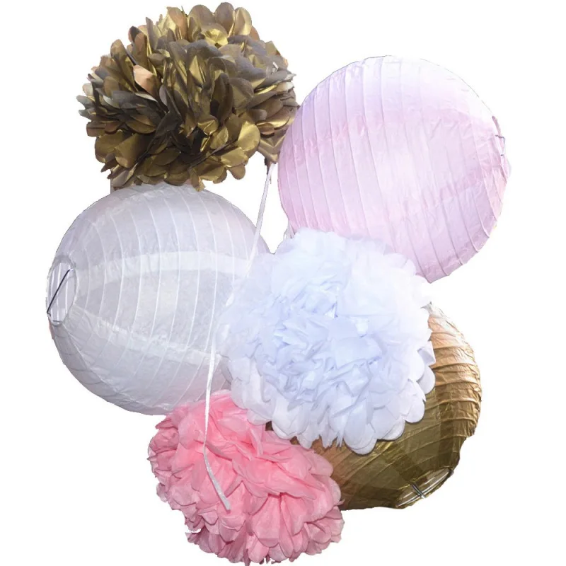 6Pc/Set Paper Lanterns Flowers Ball Party Supplies Baby Shower Birthday Decoration 3 Paper Lantern+ 3 Paper Flowers