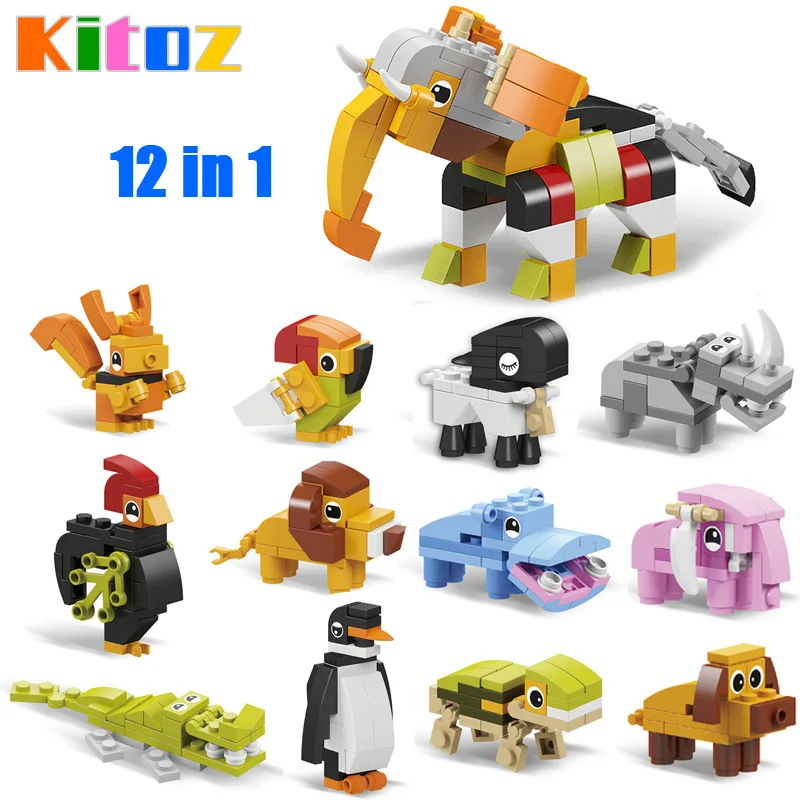 

Kitoz 12-in-1 Animal Kingdom Building Block Brick Set Elephant Lion Compatible with Lego Constructor Educational Toy for Kid