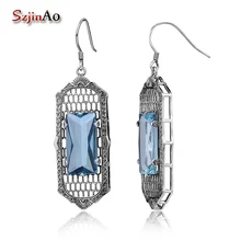 Szjinao винтажные Подвесные серьги женские модные стерлингового серебра 925 пробы Изящные Вечерние ювелирные изделия квадратный большой Аквамарин люксовый бренд