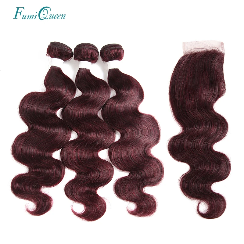 

Ali Fumi Queen Body Wave 99J# Human Hair Bundles With Closure 3 pcs/lot Brazilian Hair Weave Bundles With Closure Hair Extension