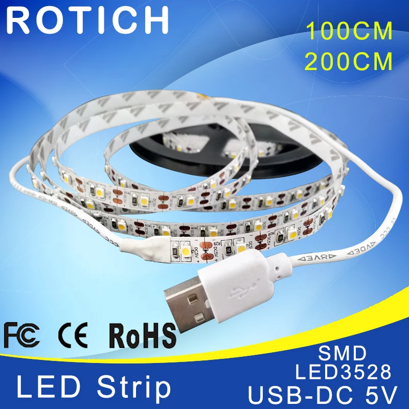 LED strip 1 m 2 m usb ha condotto la luce di striscia 5 v 3528 smd rgb caldo/bianco freddo flessibile tv sfondo di illuminazione