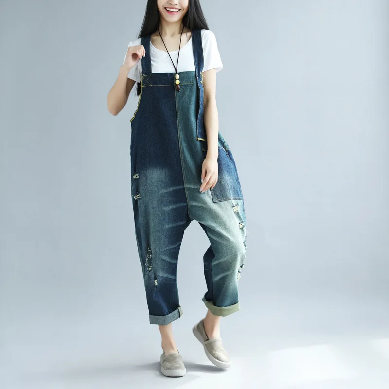 

Plus Size Rompers Womens Jumpsuit Casual 2019 Spring Summer Cotton Denim Overalls for Women Korean Fashion High Waist Jeans Hole