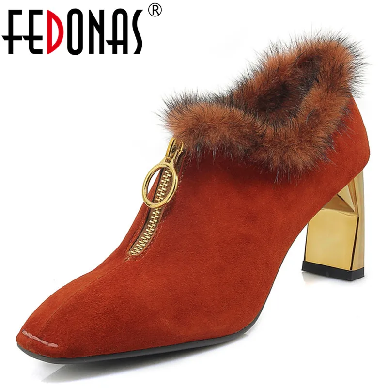 

FEDONAS Autumn Winter Women New Fashion Fur Shoes High Heels Warm Short Ladies Shoes Ladies Party Wedding Shoes Woman New Pumps