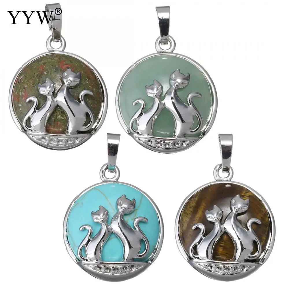 Cat Pendant For Necklace Natural Stone Round Flat Beads Double Cats