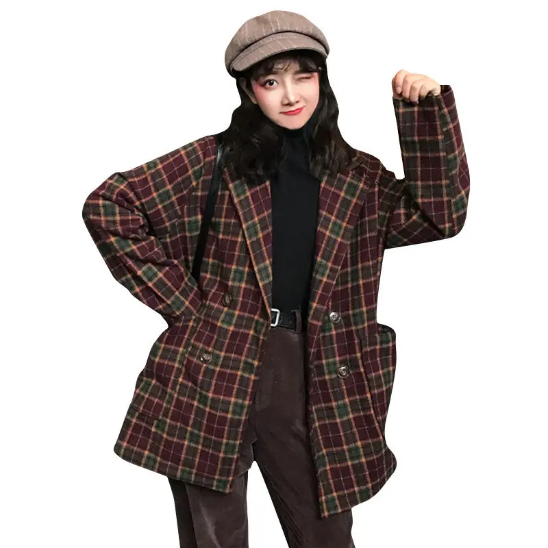 Осень 2020 новое теплое шерстяное пальто в клетку женское модное двубортное зимнее