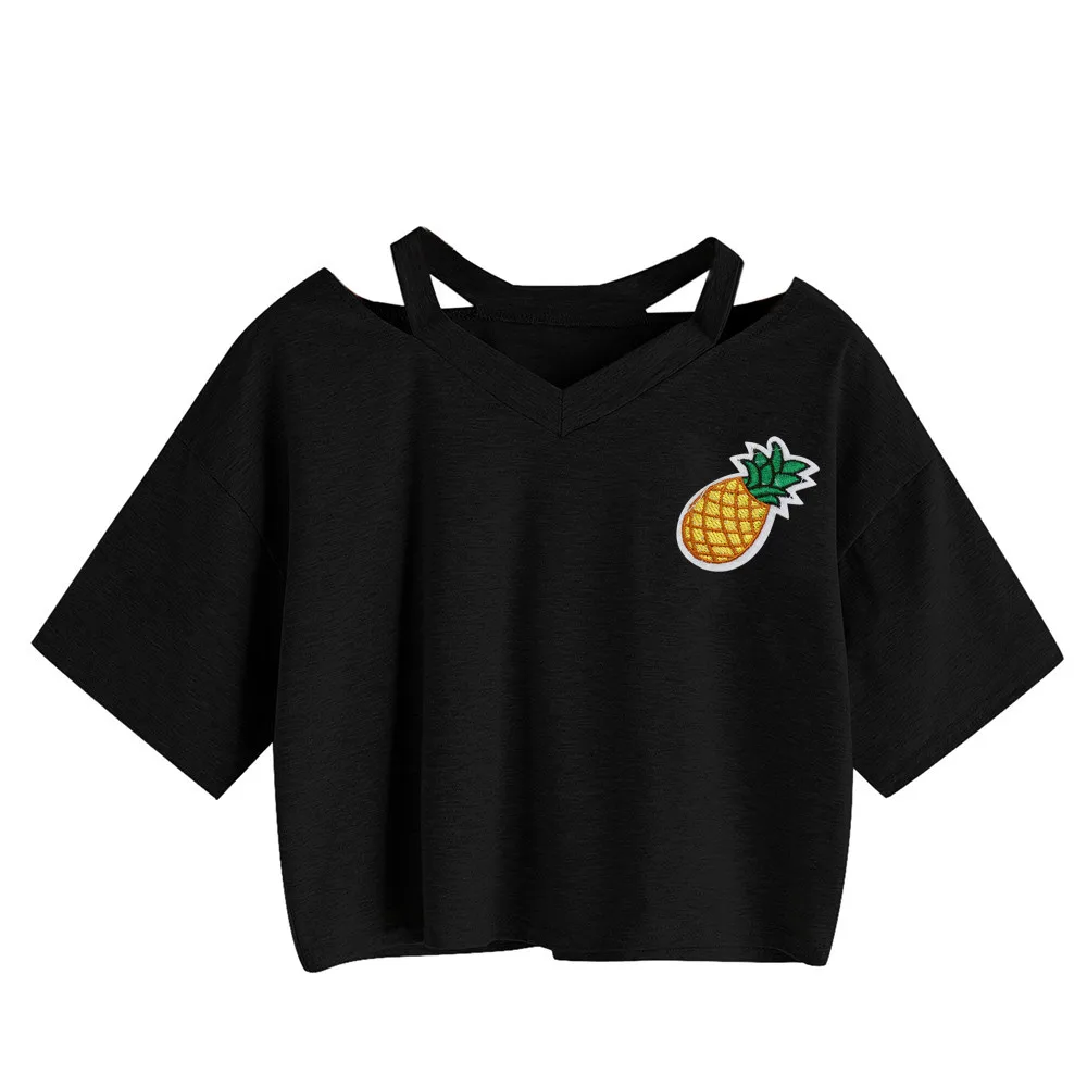 

FEITONG Women T-Shirt Summer Casual Funny Pineapple Printed Short Sleeve T-Shirt Black White Crop Tops cropped T-Shirt popsocket