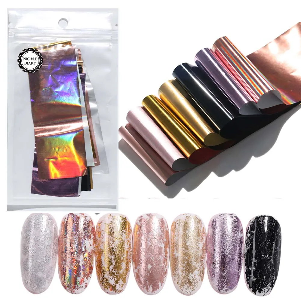 7pcs a bag Голографическая ногтей Фольга набор/16/14/10 шт. прозрачный AB Цвет ногтевое искусство, Переводные Стикеры Маникюр Сделай Сам Стикеры украшения - Цвет: 7pcs a bag