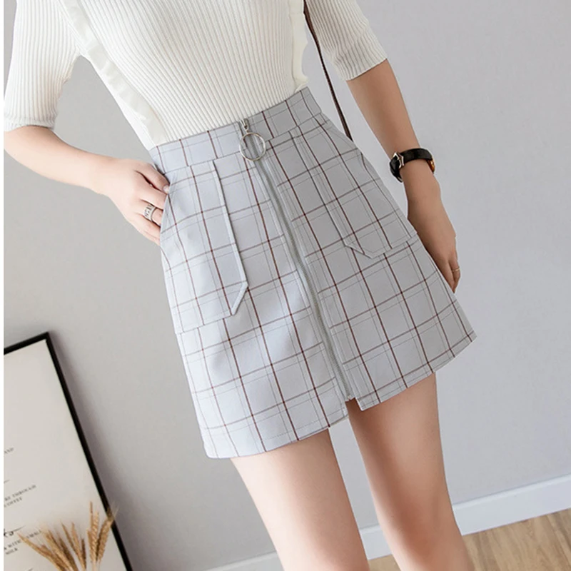 

Spring Summer Empire Plaid Japanese Kawaii Mini Skirt Women Student School Uniform Above Knee Sweet A-Line Pockets Zipper Skirts