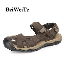 Осенние мужские сандалии большого размера, для пеших прогулок, рыбалки, из натуральной кожи, для пляжа, спортивная обувь, с закрытым носком, безопасная Мужская прогулочная обувь