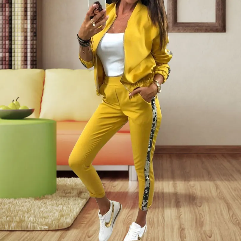 

Spliced Sequins women sport suit two piece set hooded+pants Patchwork ladies fashion Tracksuit 2 piece sets for girl