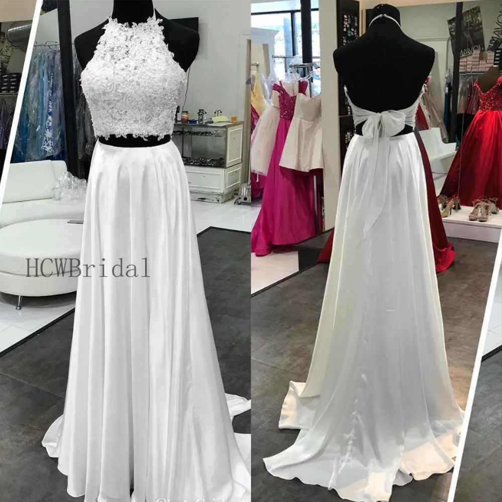 

White 2 Piece Prom Dresses Backless Halter A Line Lace Top Satin Evening Gown Custom Made 2019 Cheap Wedding Party Dress