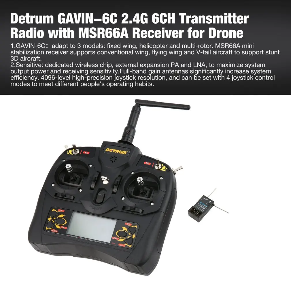 

Detrum GAVIN-6C 2.4G 6CH Transmitter Radio Remote Control with DSSS&FHSS MSR66A DTM-T011 Receiver for Airplane Helicopter