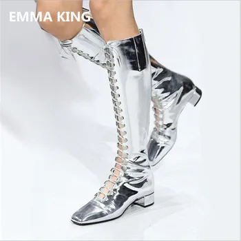 

EMMA KING Women Cross Lace Over The Knee Silver Leather Flat Boots Stage Night Club Model Catwalk Winter Boots Big Size 35-45