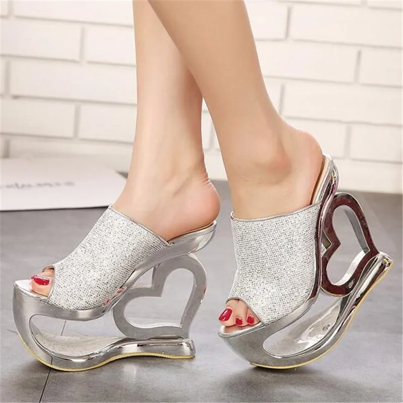 

Most fashionable strange style sequined slippers and sandals high heels platform shoes with Hollow love heart-shaped