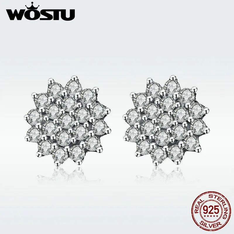 WOSTU подлинные 925 пробы серебряные блестящие прозрачные CZ паве цветы романтические серьги-гвоздики для женщин Свадебные украшения подарок DXE091