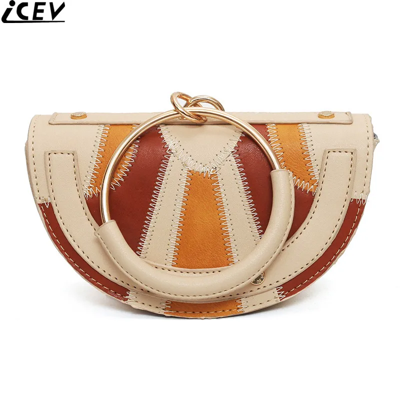 

ICEV new designer leather lady clutch small saddle handle bag metal ring patchwork messenger bags handbags women famous brands