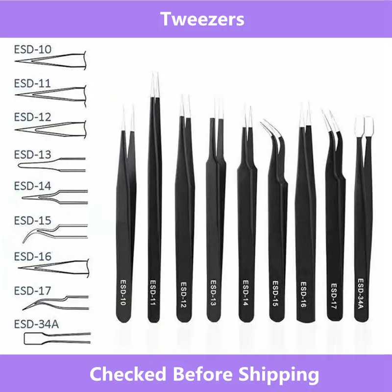 Tweezers set Stainless steel Precision Repair Tweezers For Electronic Mobile Phone Connector cable removal install Repair Tools