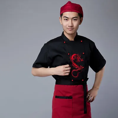 

Шеф-служба в китайском стиле с коротким рукавом, рабочая одежда с вышивкой в виде дракона для отеля, рабочая одежда для ресторана, униформа для инструментов, топы для готовки