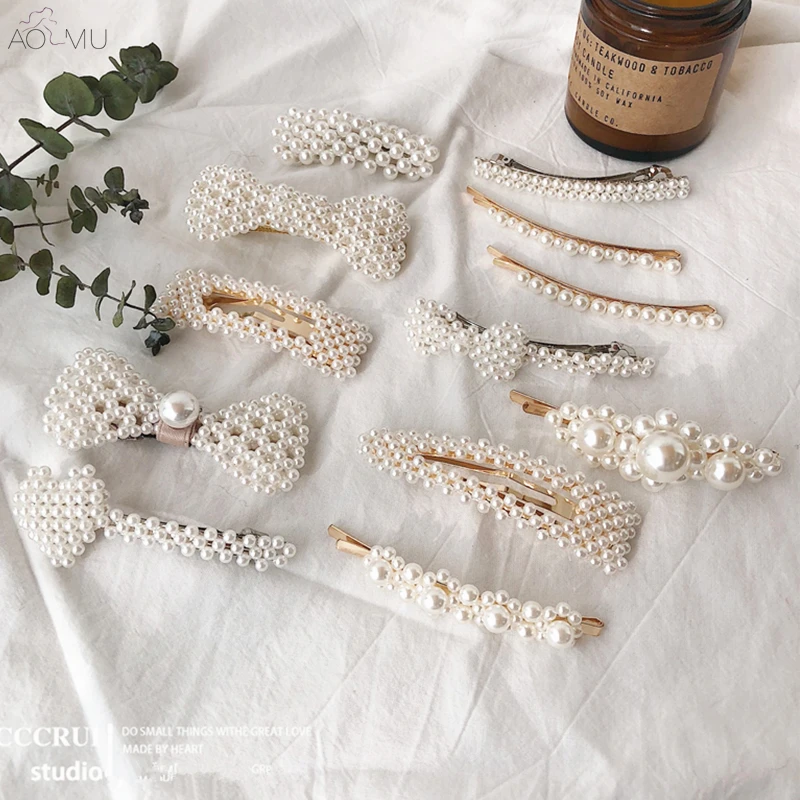 

AOMU Elegant Metal Gold Pearl Flower Hair Clip Hair Accessories for Women Girl Hairpin Barrettes Hairgrip Wedding Party Jewelry