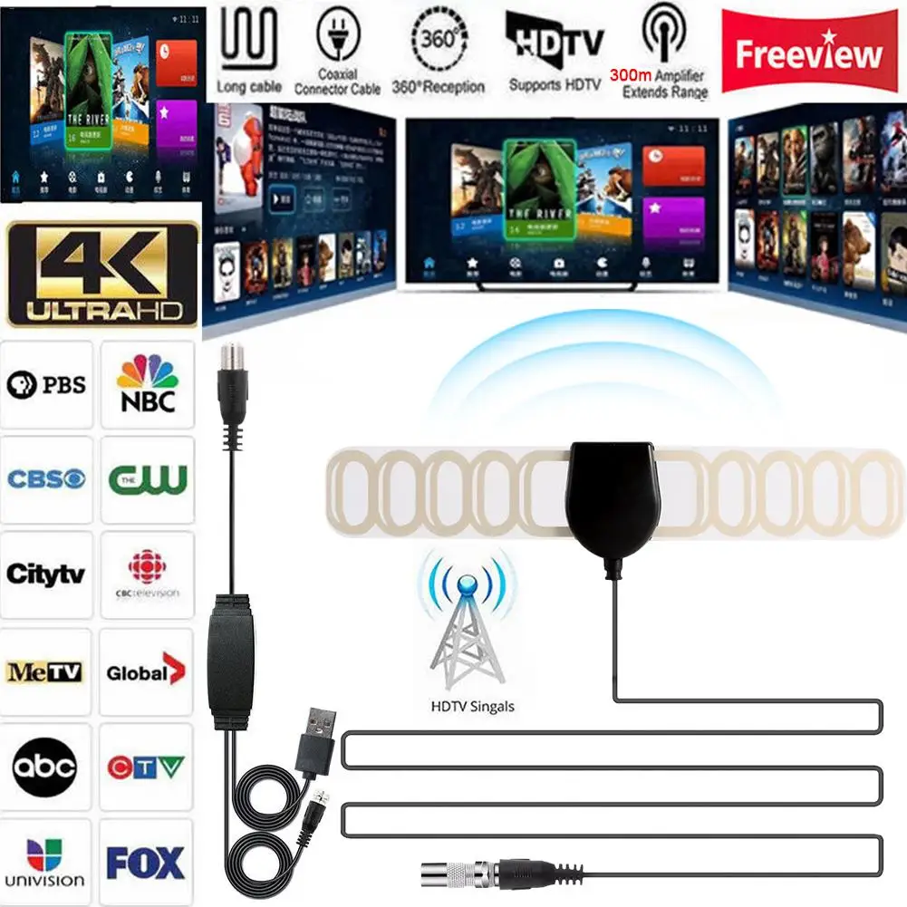 TV Aerial TV Antenna 300 Mile HD 4K Digital Indoor Clear Vision 5DBI Mini DVB-T2 High Gain Device