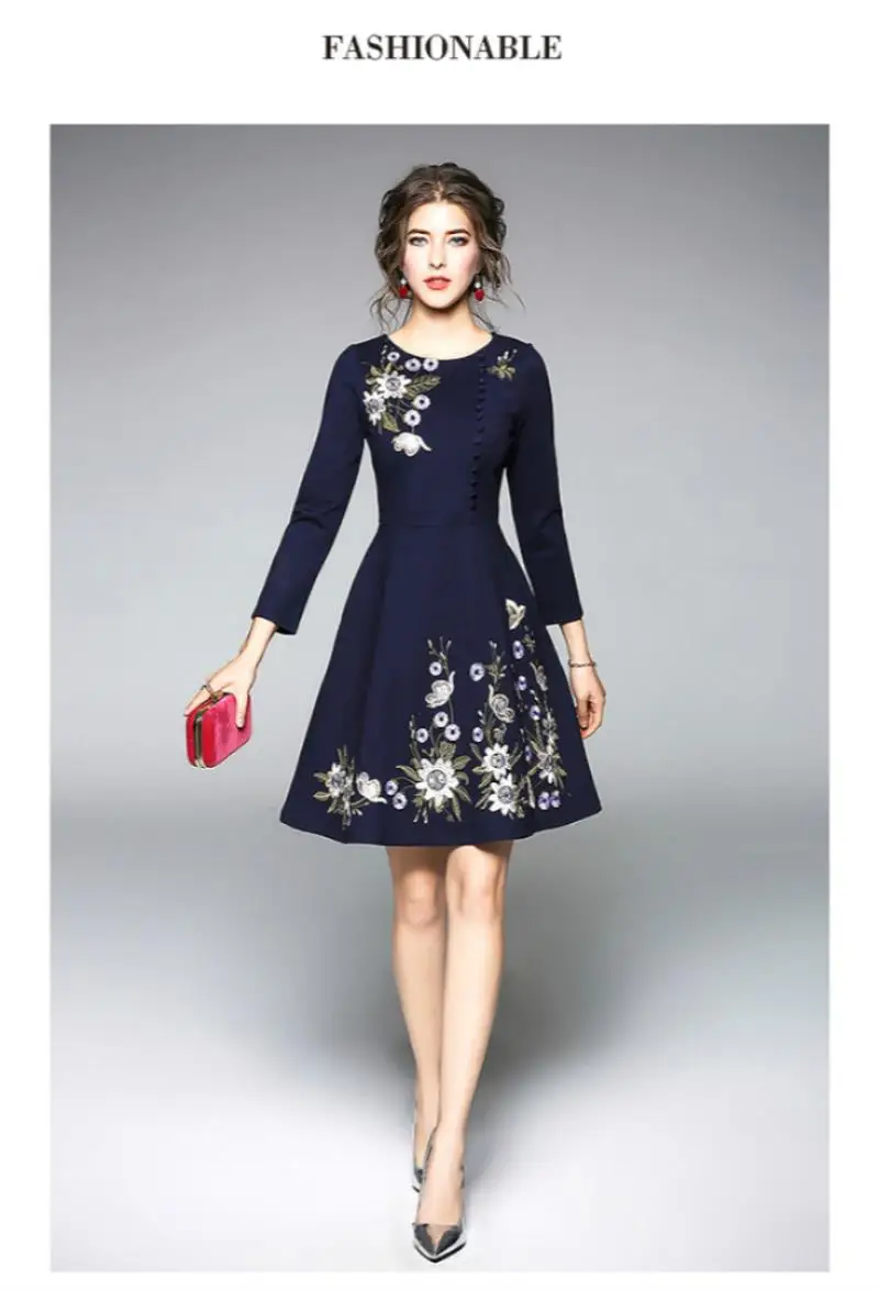 Women Flowers Embroidered Hem Dress Round Neck 3/4 Sleeve A-line Skirt 2018 Spring Summer Fashion Knee Length Dress