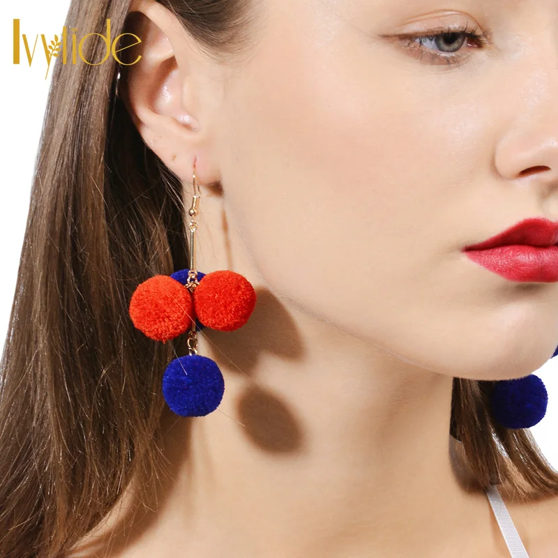 Lvytide Pom pom earrings Pom pom puffs Colorful kawaii fluffy dangle