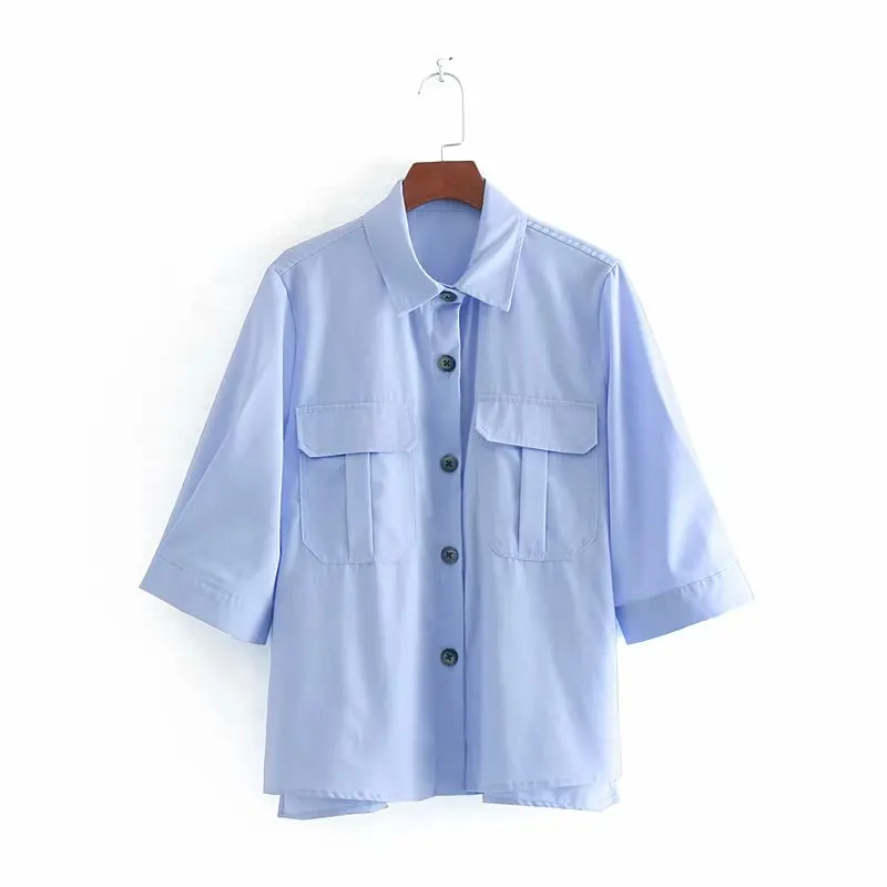 

2019 Women safari style solid color pockets casual Blouse half sleeve business wear Shirts female button chic tops LS3762