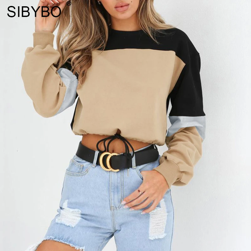  Sibybo Colors Patchwork Cotton Women Hoodies Sweatshirts Autumn Long Sleeve Drawstring Pullover Cro